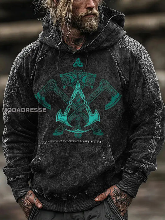 Mäns djärva Teal korsade yxor Viking Hoodie. flerlog / S
