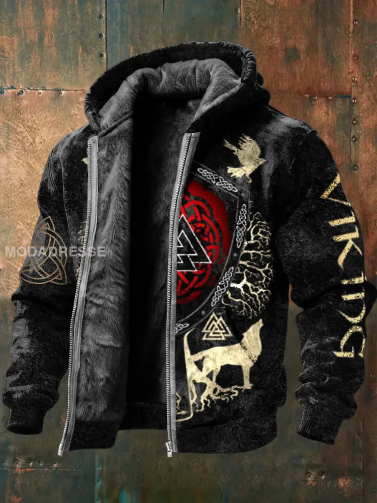 Mäns djärva vikinga tema (Raven & Wolf) Fleece-förenad jacka flerlog / S