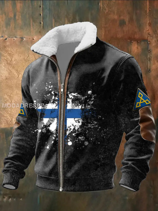 Mäns dynamiska Svart svenska Flag Splash Print Sherpa-Lined Jacka flerlog / S