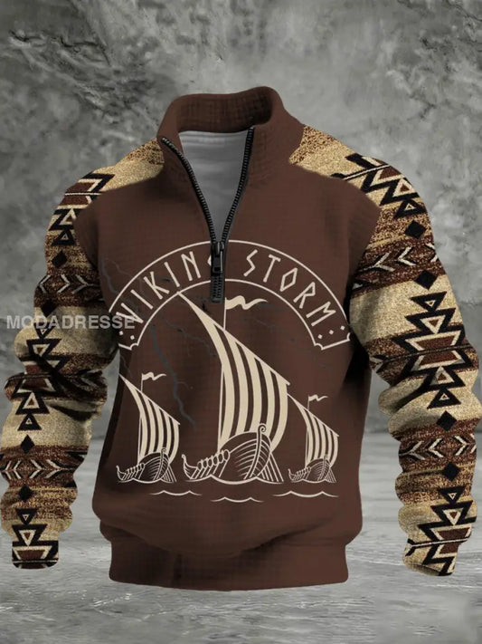 Mäns dynamiska vikinga skepp Skriv ut brun kviltad halv-Zip Hoodie. flerlog / S