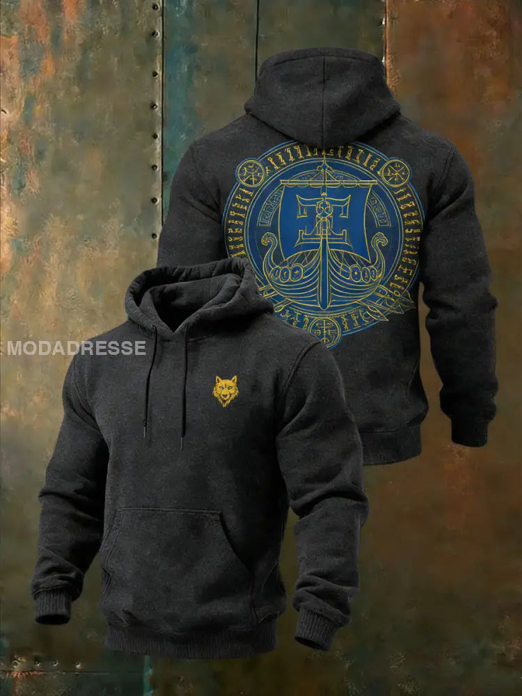 Mäns Edgy Charcoal Viking Ship & Wolf Emblem Hoodie Hoodie flerlog / S