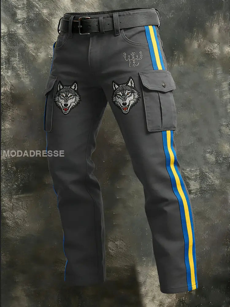 Mäns Edgy Grå randig Viking Wolf Broderade lastbyxor flerlog / S