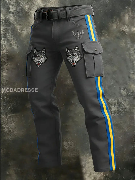 Mäns Edgy Grå randig Viking Wolf Broderade lastbyxor flerlog / S
