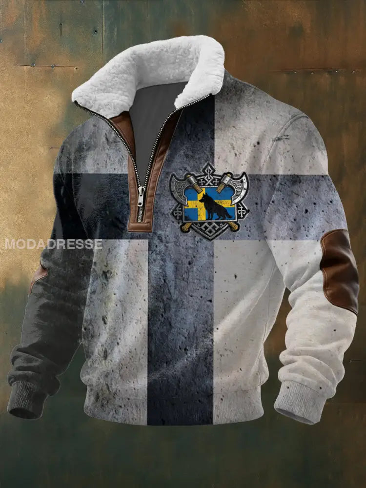 Mäns Edgy Grå Svenska Flagg Wolf-Axe Emblem Sherpa-Lined Hoodie. flerlog / S