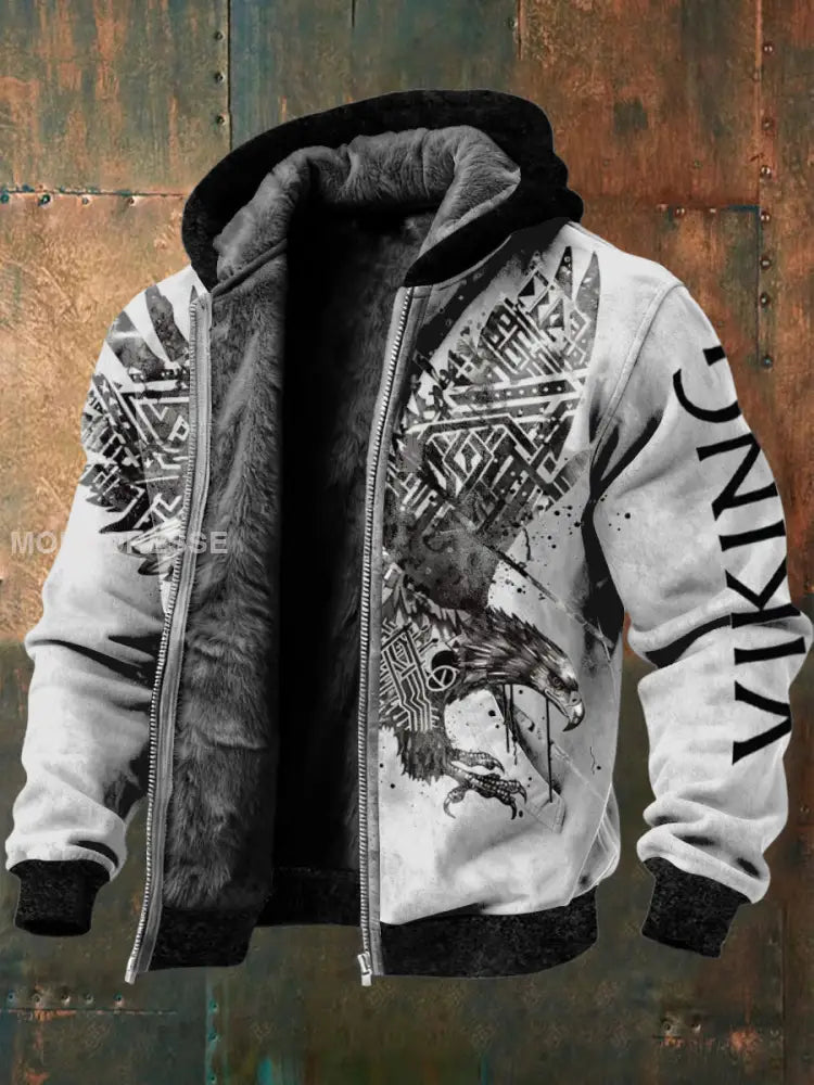Mäns Edgy Monochrome Eagle & Viking Print Fleece-Lined Jacka flerlog / S