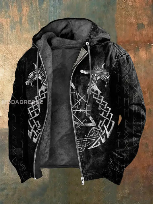 Mäns Edgy Norse Dragon & Rune Print Fleece-Lined Zip Jacka flerlog / S