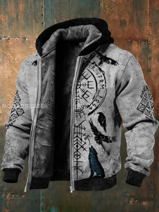 Mäns Edgy Rune & Raven Skriv ut orolig Fleece-Lined Zip Jacka flerlog / S