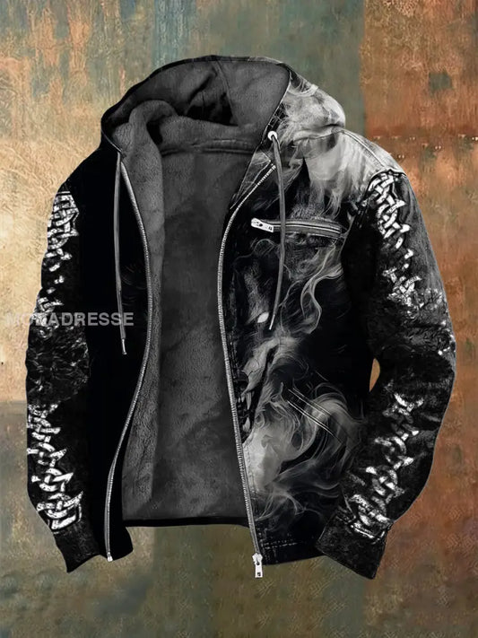 Mäns Edgy svart rök viking varg Print Sherpa fodrad Jacka flerlog / S