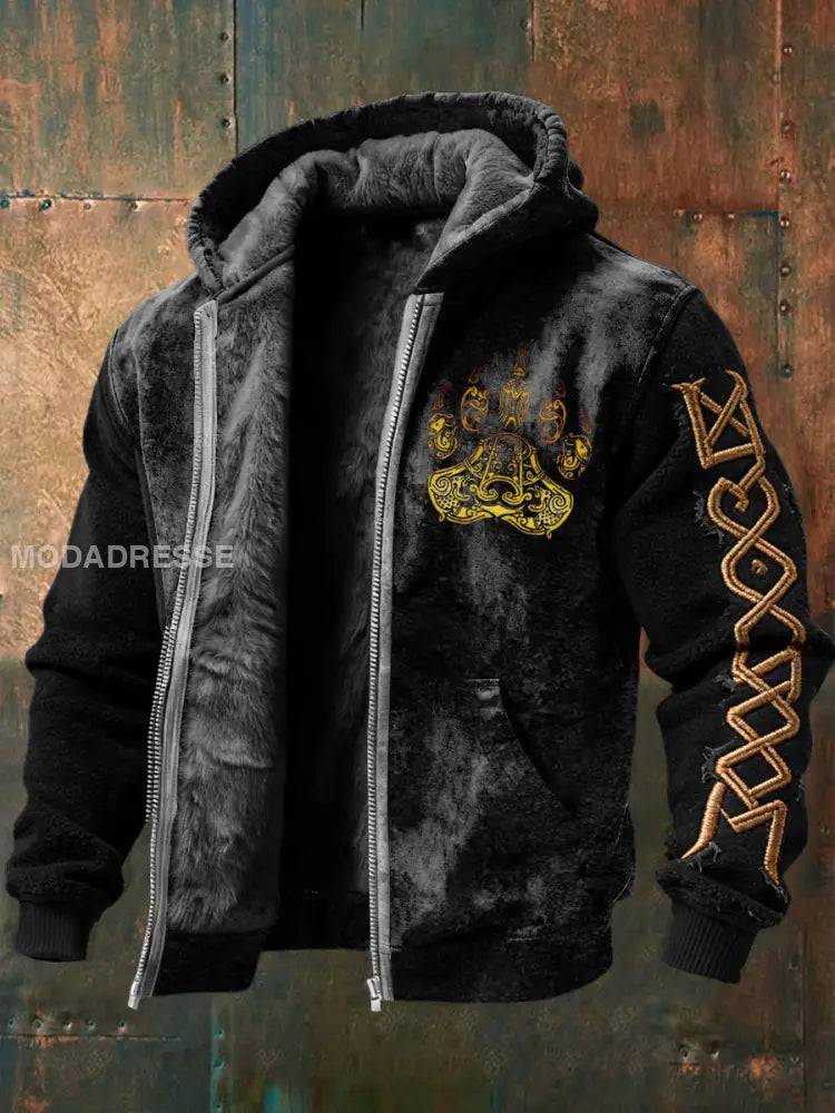 Mäns Edgy Svart vikinga knutarbete & Symbol Sherpa Jacka flerlog / S
