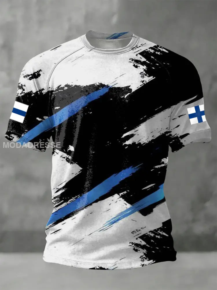 Mäns Edgy svartblå borsttryck finsk flagg ärm T-shirt flerlog / S