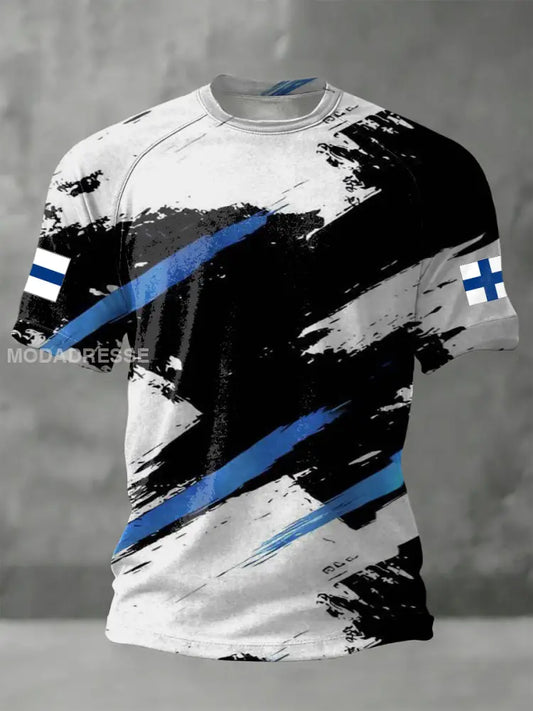 Mäns Edgy svartblå borsttryck finsk flagg ärm T-shirt flerlog / S
