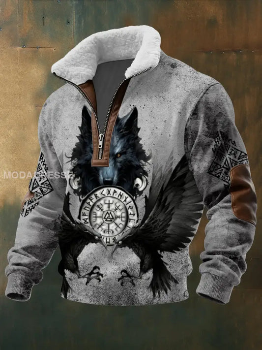 Mäns Edgy Varg & Raven Viking Rune Sherpa Hoodie. flerlog / S
