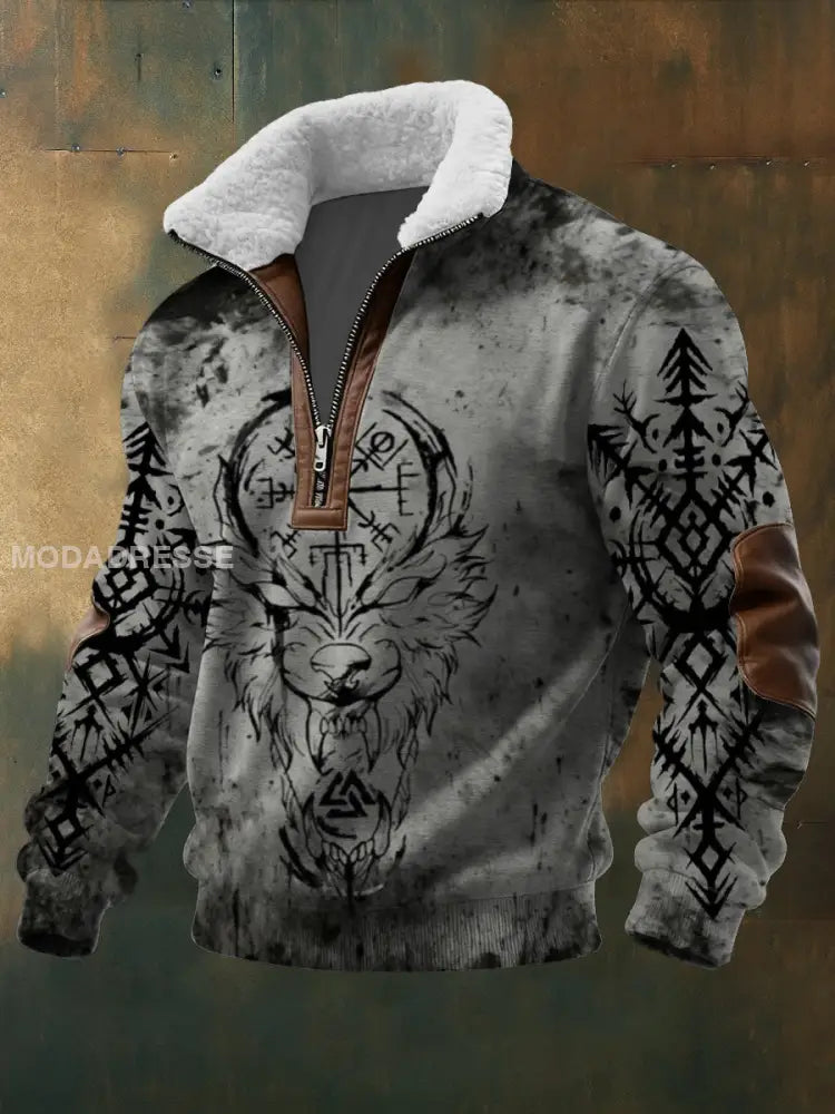 Mäns Edgy Varg & Rune splatter Skriv ut Sherpa krage Hoodie. flerlog / S