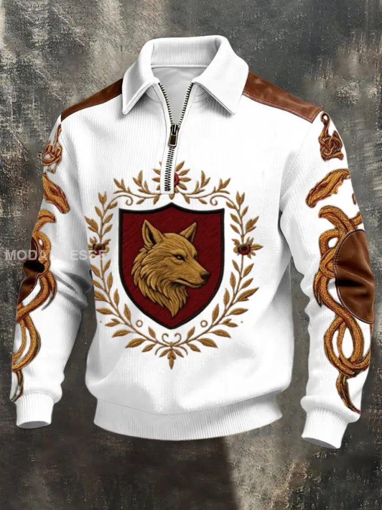 Mäns Elegant White Wolf Emblem & Dragon Knotwork Sweatshirt flerlog / S
