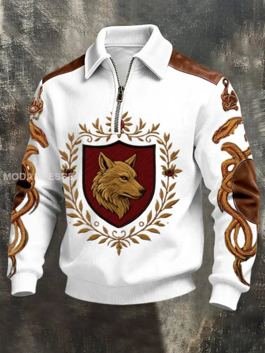 Mäns Elegant White Wolf Emblem & Dragon Knotwork Sweatshirt flerlog / S