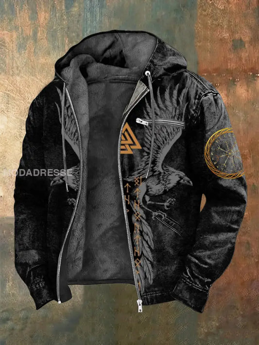 Mäns fed korp & valknut Print Fleece-Lined Zip Jacka flerlog / S