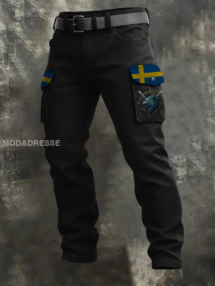 Mäns Fed Svart Svenska Flag & Varg Emblem Lastbyxor flerlog / S