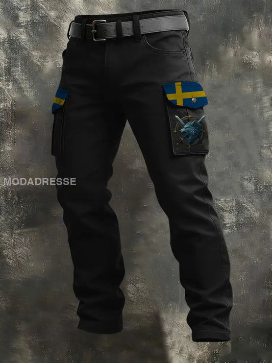 Mäns Fed Svart Svenska Flag & Varg Emblem Lastbyxor flerlog / S