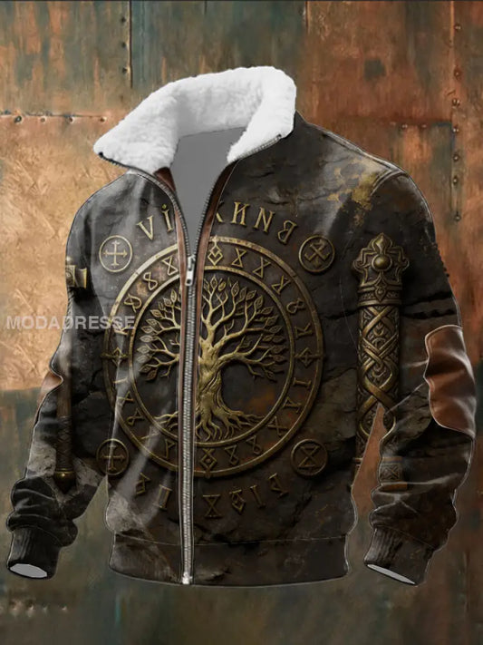Mäns fet sten Textur Yggdrasil & Rune Viking Hoodie Vikinga flerlog / S