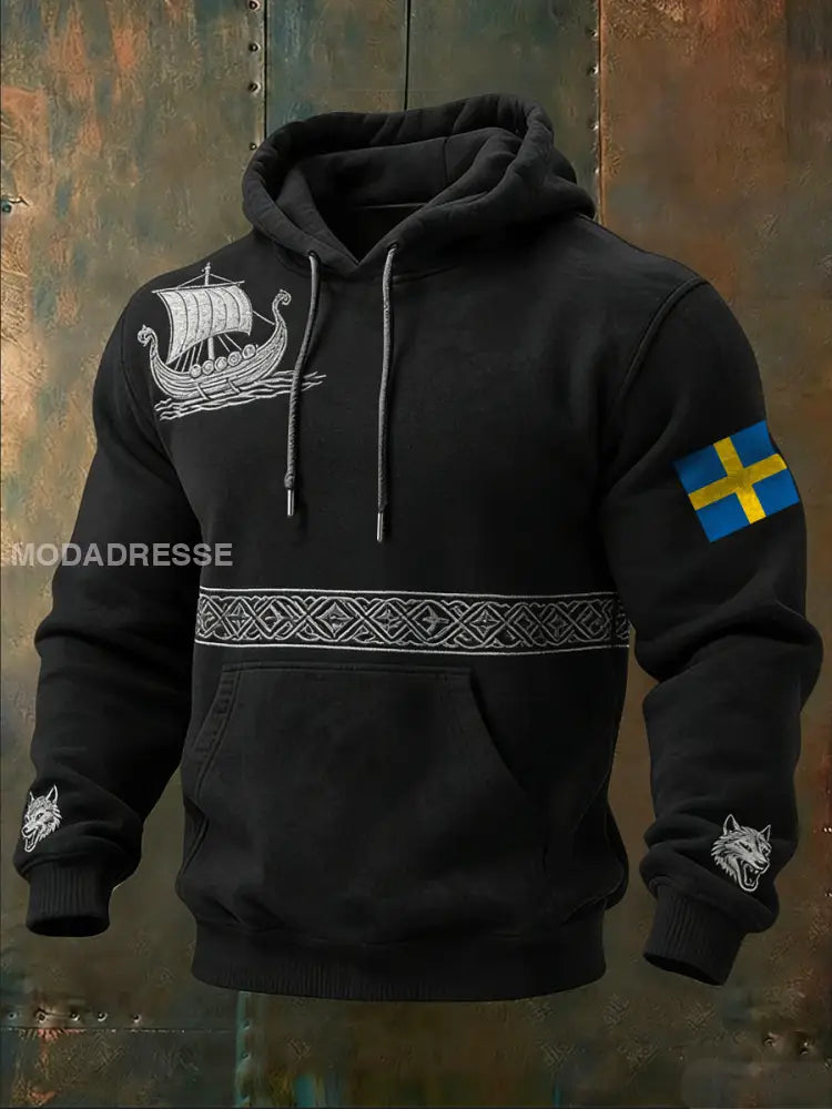 Mäns fet svart vikinga skepp & varg detalj Hoodie Detalj flerlog / S
