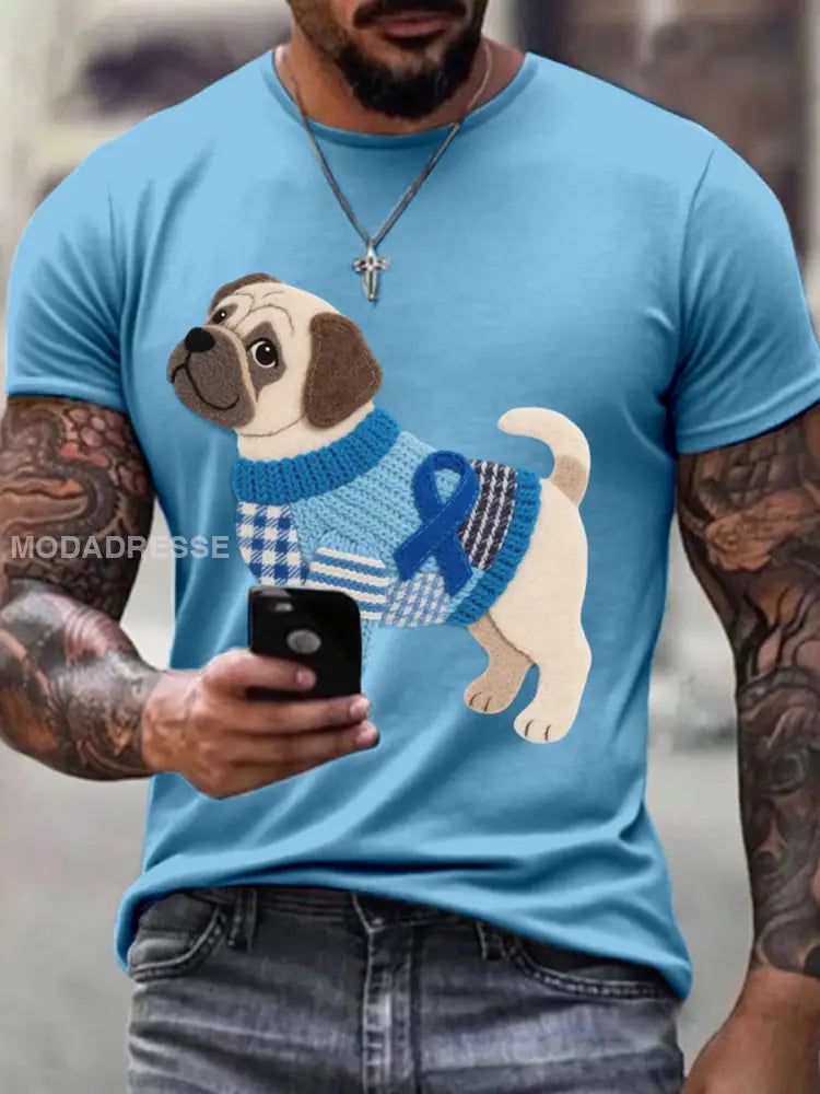 Mäns filt konst Pug mönster T shirt blå / S