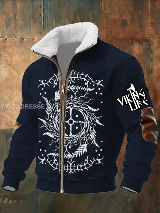 Mäns flotta Viking liv & träd Print Sherpa - fodrad Zip Jacka flerlog / S
