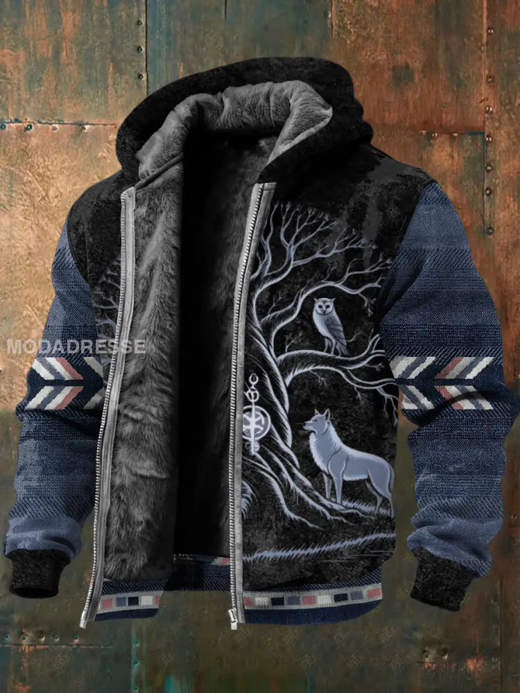 Mäns förtrollande Viking träd & djur Print Sherpa linned Jacka flerlog / S