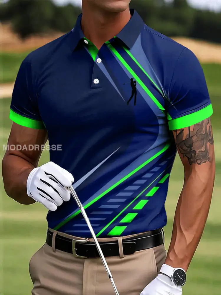 Mäns golf färgglada geometriska linjer Konst Skriv ut Casual Polo tröja flerlog / S