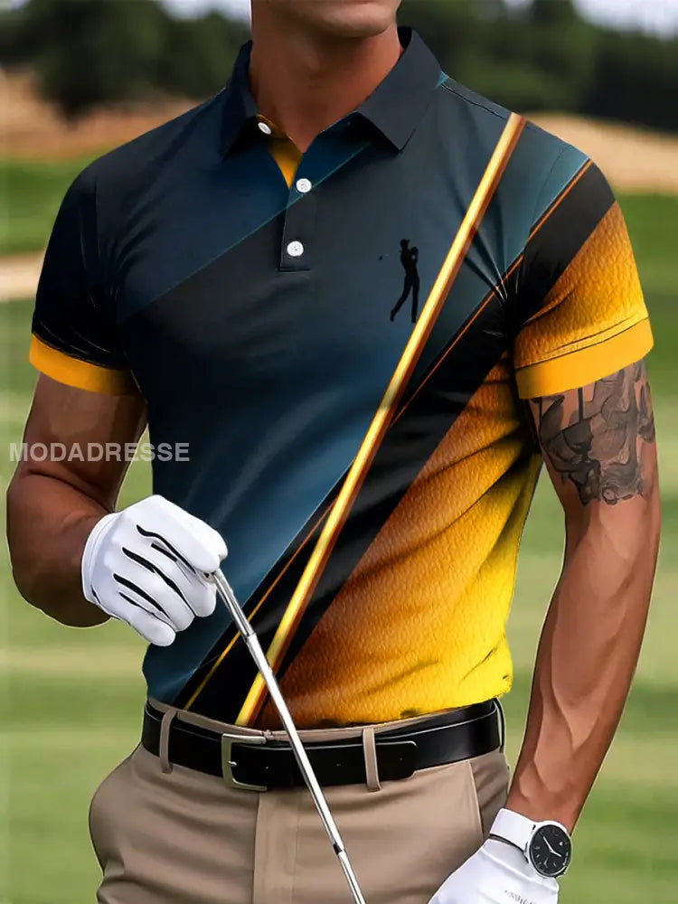 Mäns golf färgglada randiga konstnärliga Print Casual Business Polo tröj S