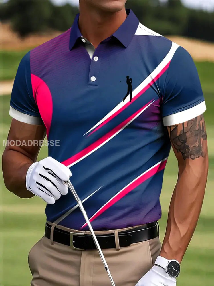 Mäns Golf Retro färgglada oregelbundna linjer Konstnärliga Print Casual Business Polo tröj flerlog / S