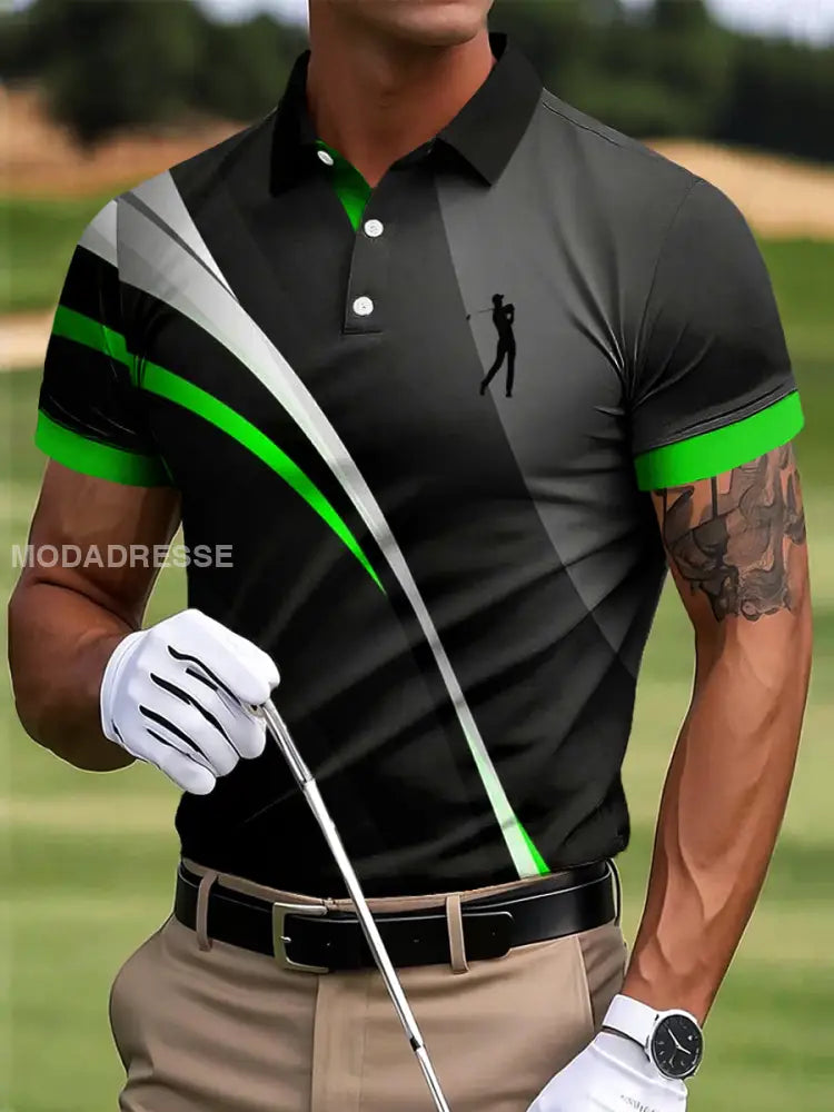 Mäns Golf Retro färgglada vågiga linjer Konstnärliga Print Casual Business Polo tröj flerlog / S