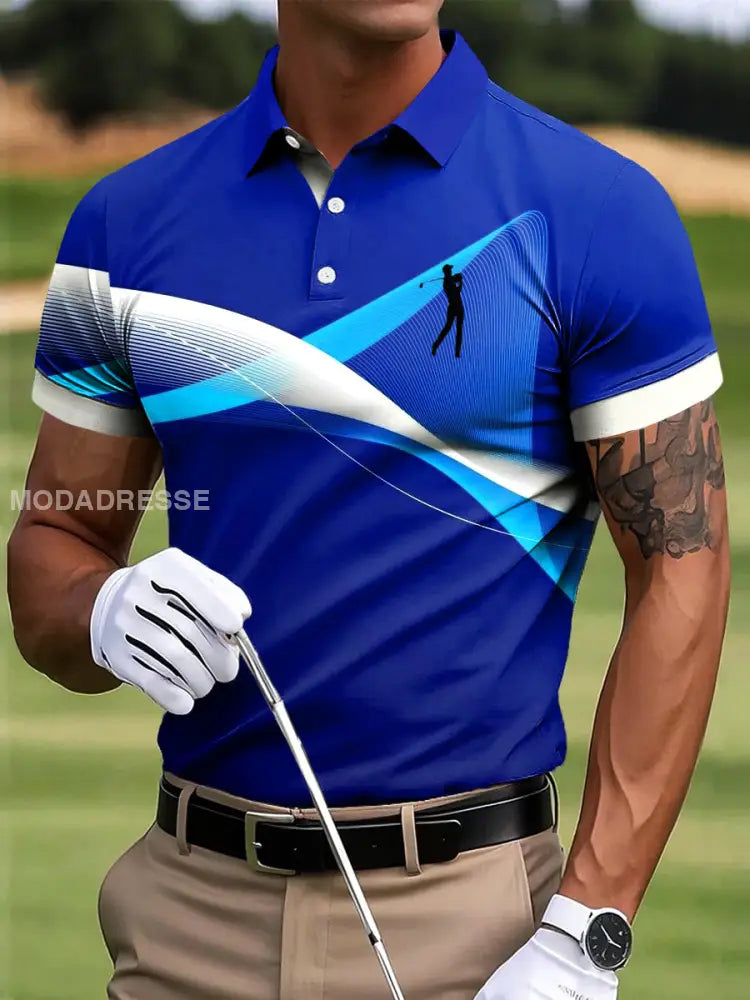 Mäns Golf Vågiga Stripe Textured konst Print Casual Business Polo tröj flerlog / S