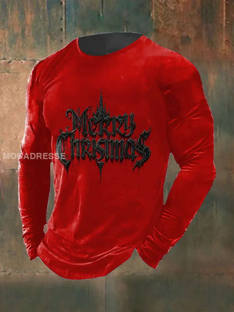 Mäns gotiska jul tryckt lång ärm rund hals T-shirt röd / S