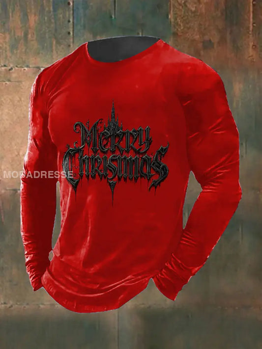 Mäns gotiska jul tryckt lång ärm rund hals T-shirt röd / S