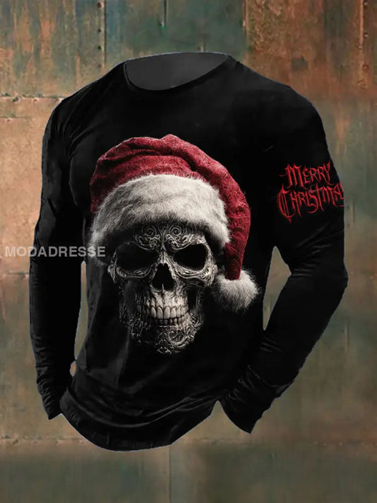 Mäns gotiska jultomten tryckt långärmad rund hals T-shirt svart / S
