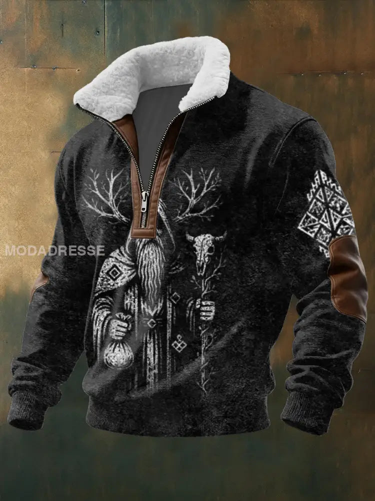 Mäns gritty Viking Elder & Skull Print Fleece-Collar Hoodie flerlog / S