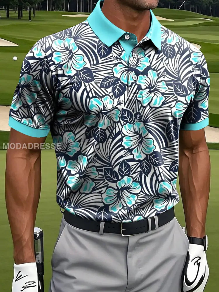 Mäns Hawaiian Tropical Floral Art Print Casual Business Polo tröj S