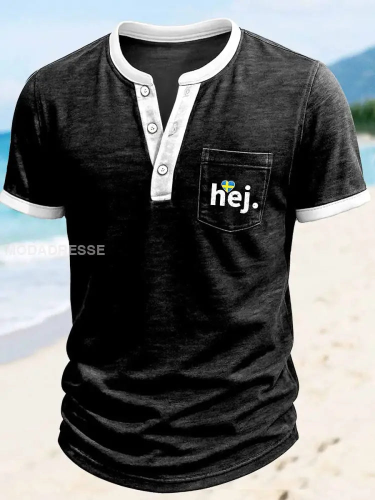 Mäns Hej utskrift konst kort ärm Henley hals Pocket T-shirt svart / S