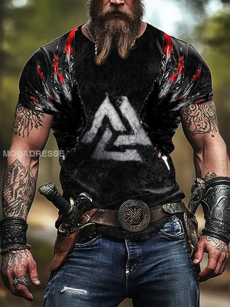 Mäns inriktad valknut & fjäder Print Viking T-shirt flerlog / S