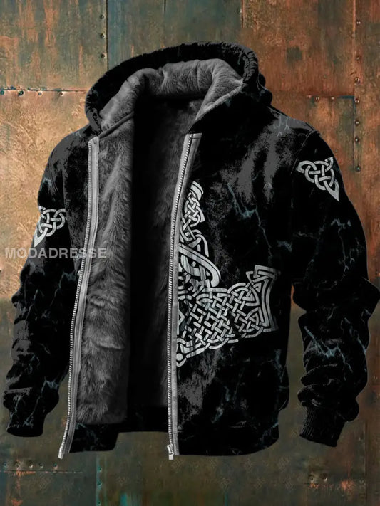 Mäns intrikta keltiska knop utskrift Fleece-lined Zip Jacka flerlog / S
