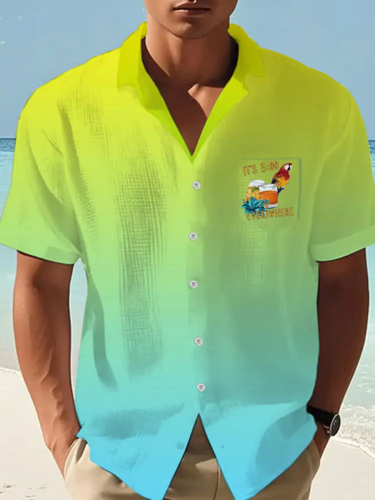 Mäns Jimmy Buffett dag papegoja Print Casual våffle Pocket skjorta blå-grön / S