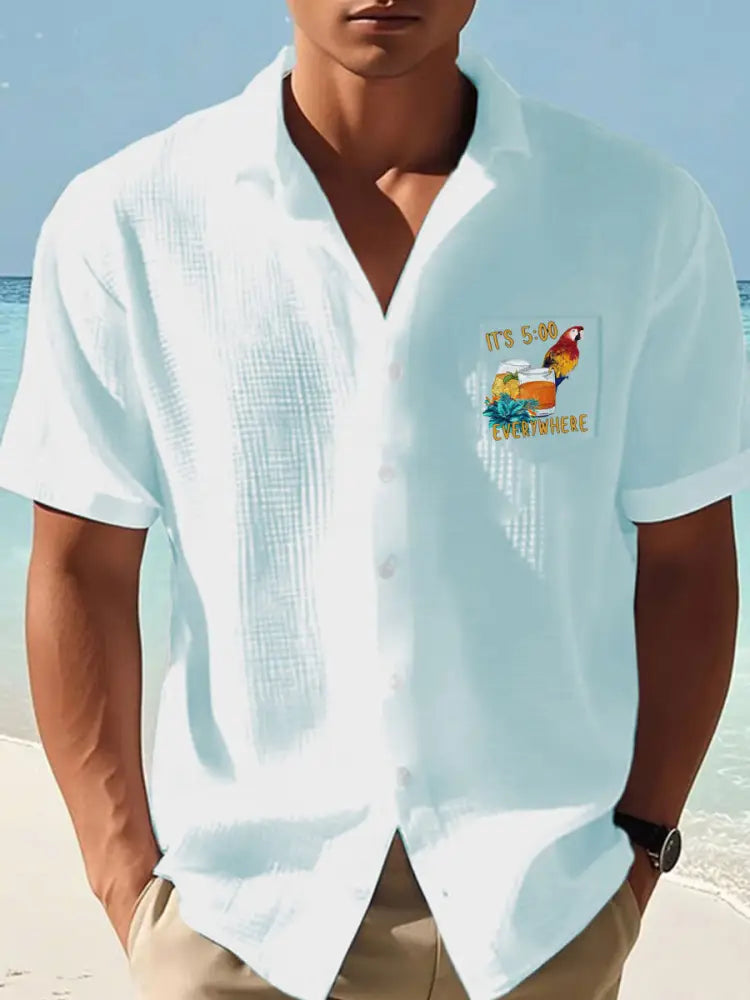 Mäns Jimmy Buffett dag papegoja Print Casual våffle Pocket skjorta ljusblå / S