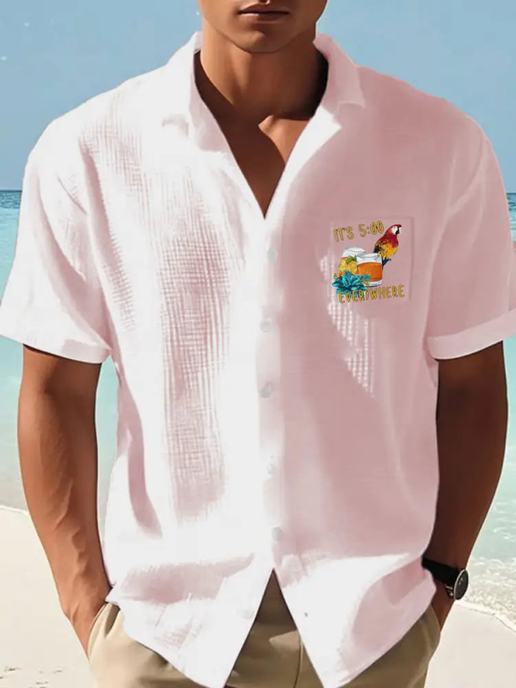 Mäns Jimmy Buffett dag papegoja Print Casual våffle Pocket skjorta ljusrosa / S