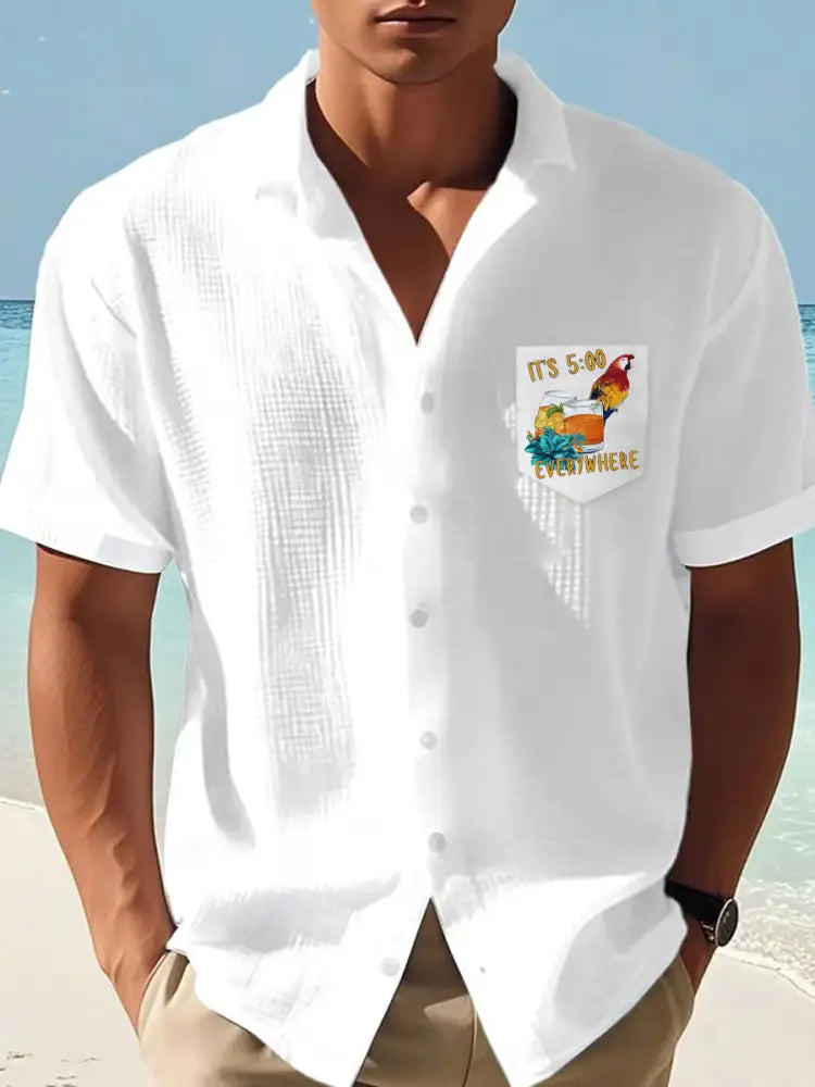 Mäns Jimmy Buffett dag papegoja Print Casual våffle Pocket skjorta vit. / S
