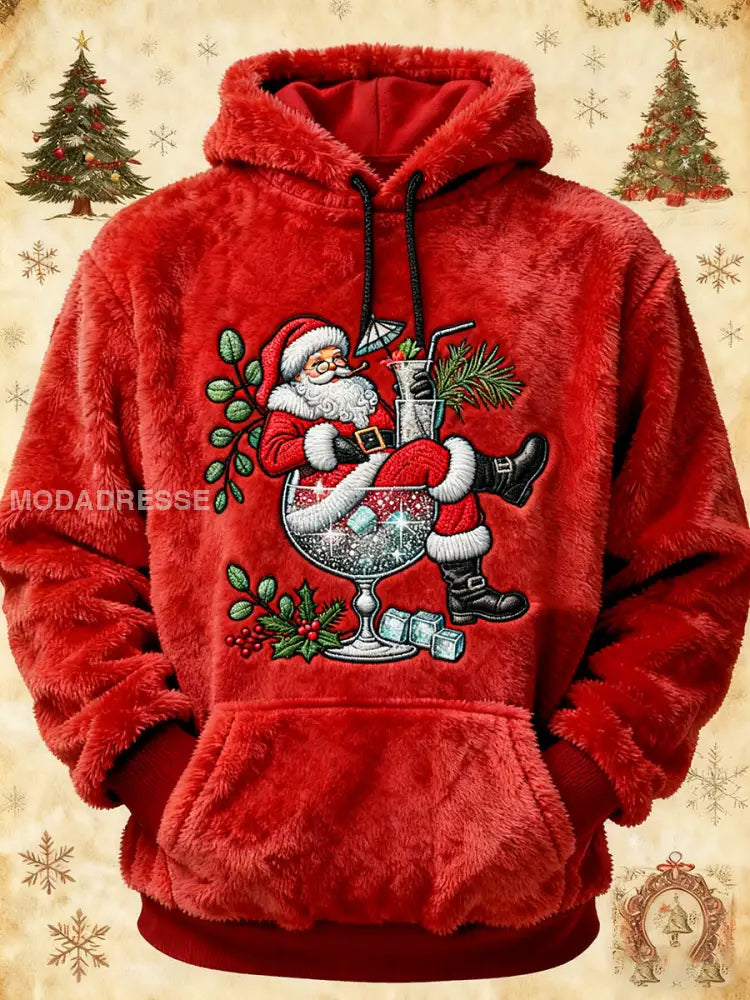 Mäns jultomte konst Flannel Hoodie. röd / S