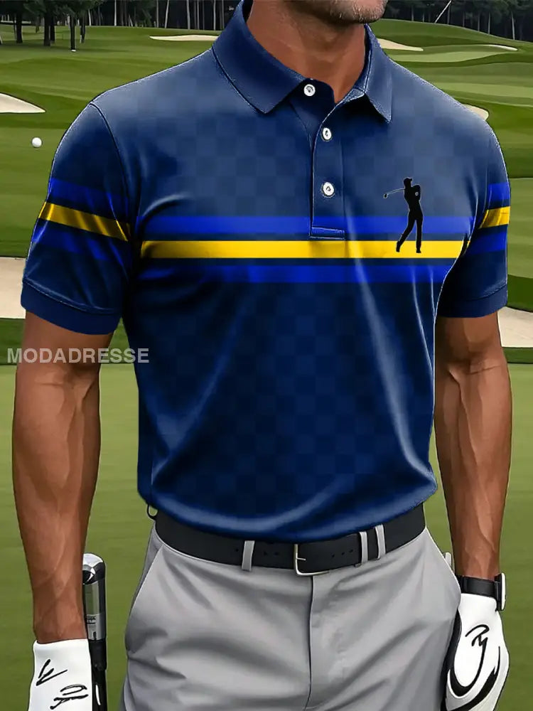 Mäns klassiska färgglada ränder Printed Casual Business Polo tröj S