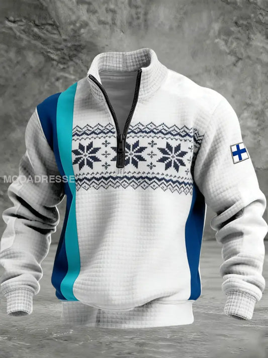 Mäns levande blå-Teal Nordic Snöflinga & Finnish Flag Quarter-Zip Sweatshirt flerlog / S
