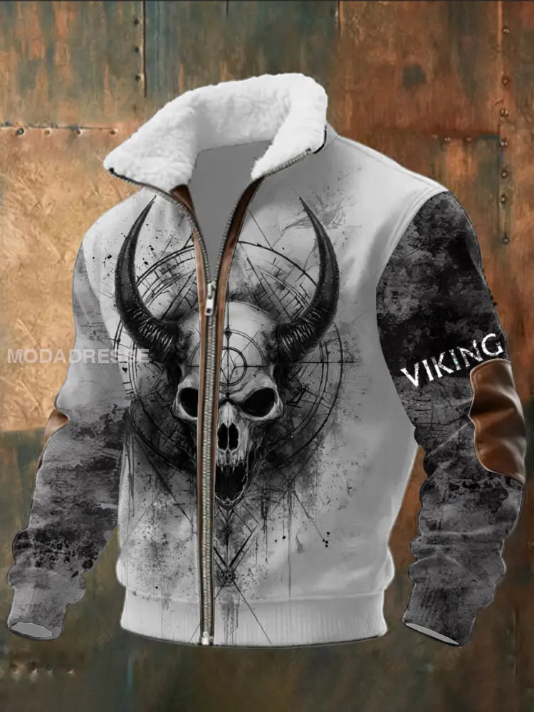 Mäns mörka horn Skull & Viking Print Sherpa krage Jacka flerlog / S