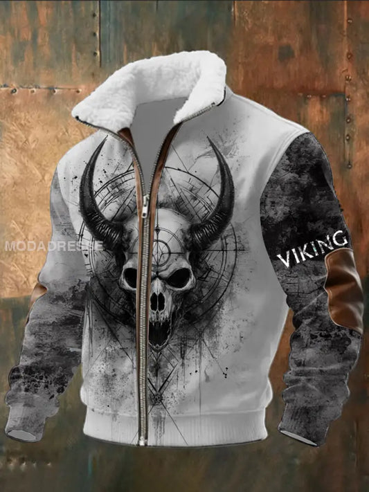 Mäns mörka horn Skull & Viking Print Sherpa krage Jacka flerlog / S