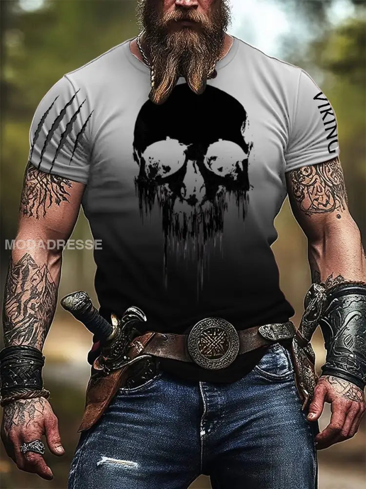 Mäns mörka skalla & vikinga ut gradient T-shirt flerlog / S